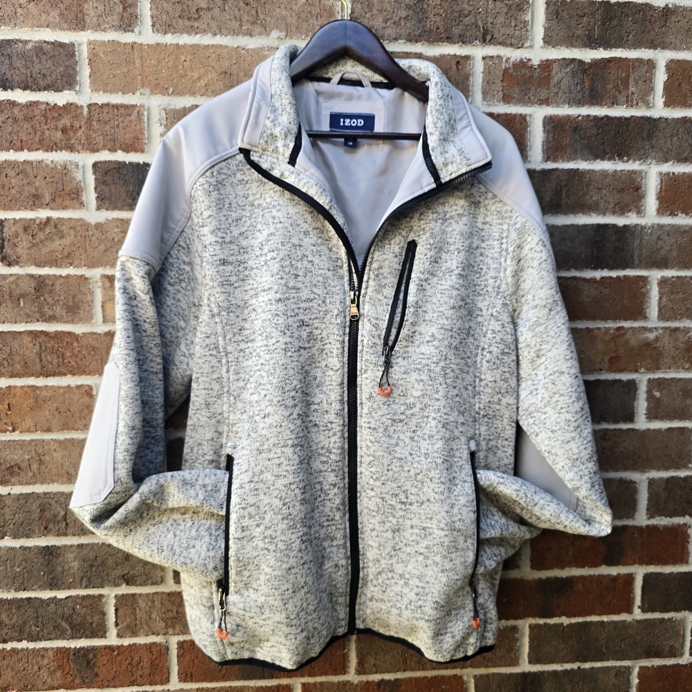 IZOD Men’s Large Gray Full Zip Sweater Fleece Jacket Softshell Zip Pockets